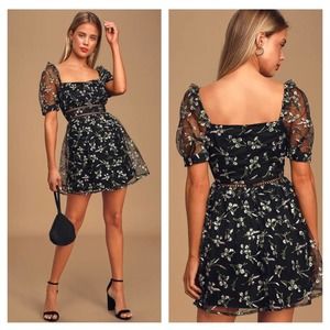 Lulu's Radiant Love Black Floral Embroidered Short Sleeve Skater Dress